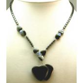 Blue Cat's Eye Opal Hematite Double Heart Pendant Beads Chain Choker Necklace